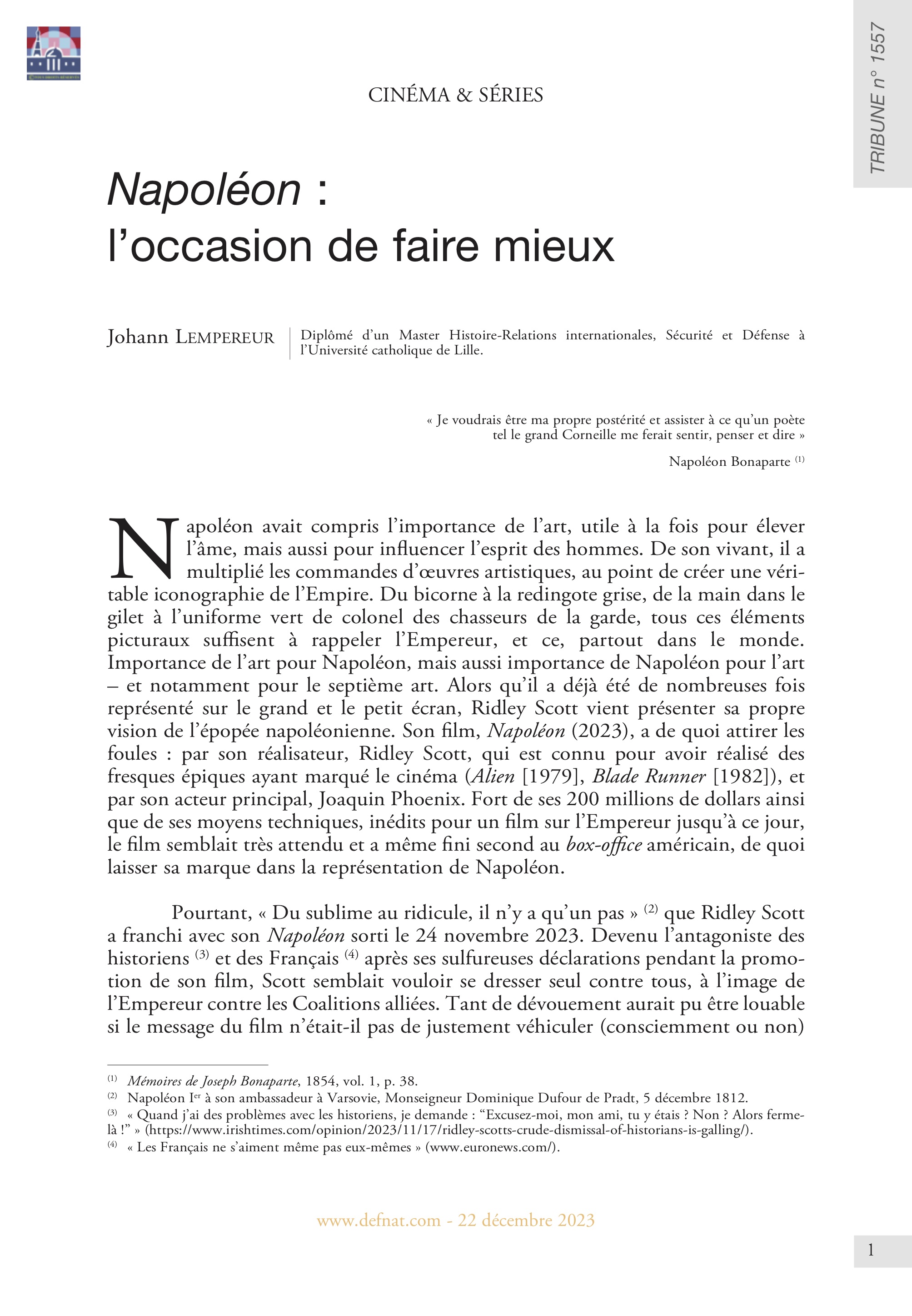 Cinéma & Séries – Napoléon : l’occasion de faire mieux (T 1557)
